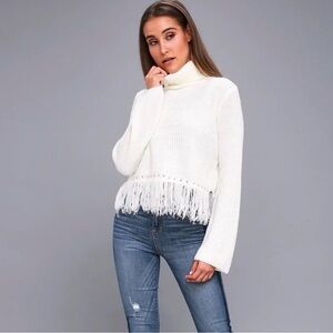 Lulu's White Turtleneck Sweater with Fringe